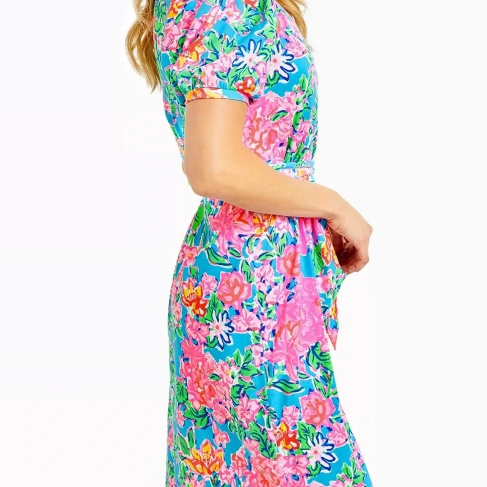 Lilly Pulitzer Vibrant Floral Midi Dress in Blue and Pink with belt. Size small - Picture 3 of 7